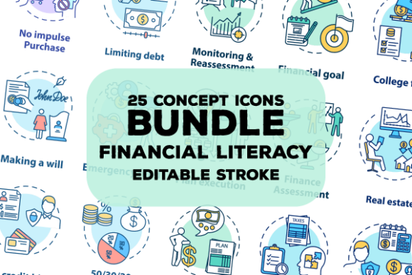 Financial Literacy Concept Icons Set: Visual Tools for Modern Money Management