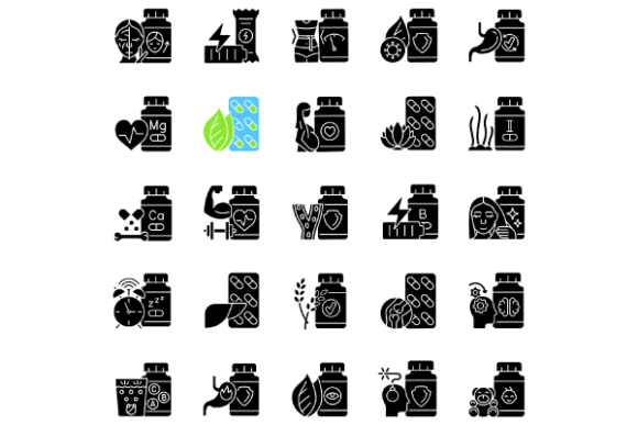 Food Supplements Black Glyph Icons Set: Streamlining Health and Wellness Design
