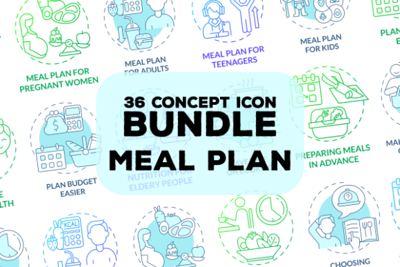 Meal Plan Related Blue Concept Icons Set